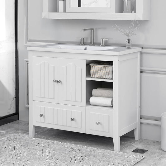 36" White Wooden Bathroom Vanity with Ceramic Sink