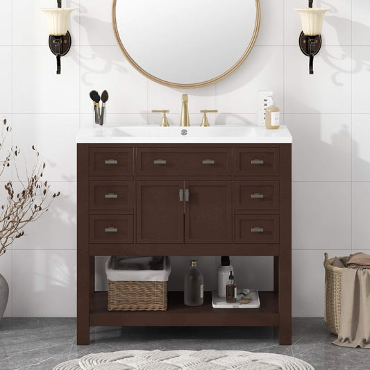 36'' Brown Bathroom Vanity with Top Sink and Cabinet