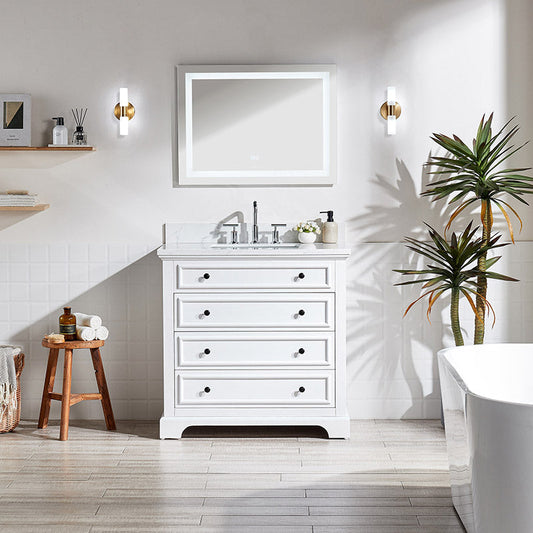 36'' White Freestanding Bathroom Vanity with Marble Sink Top & 3 Drawers