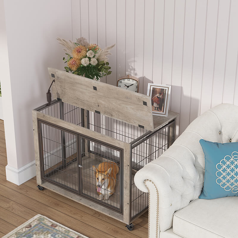 38" Gray Furniture-Style Dog Crate on Wheels 