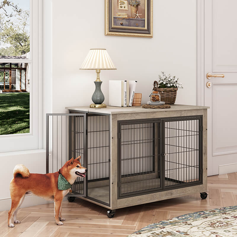 38" Gray Furniture-Style Dog Crate on Wheels with Double Doors and Lift Top