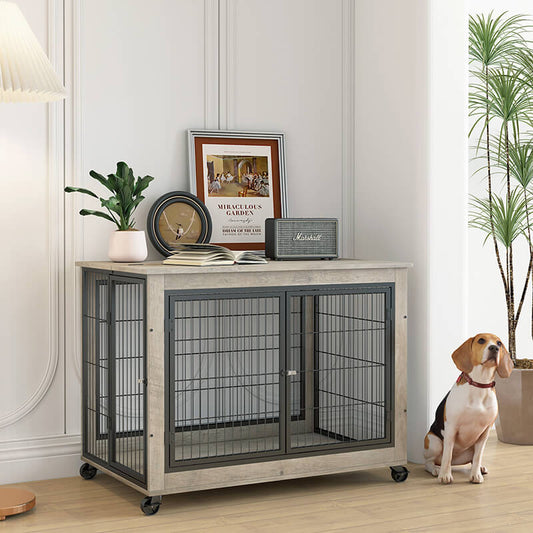 38" Gray Furniture-Style Dog Crate on Wheels with Double Doors and Lift Top