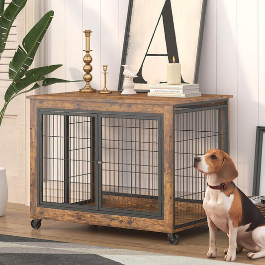 38" Rustic Brown Furniture-Style Dog Crate on Wheels with Double Doors and Lift Top