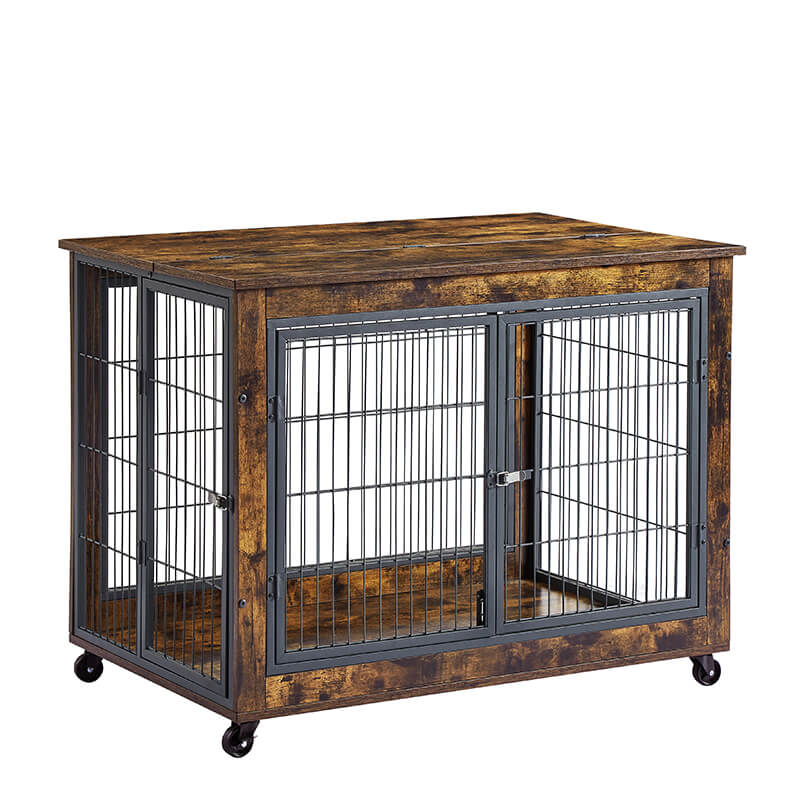 38" Rustic Brown Furniture-Style Dog Crate on Wheels