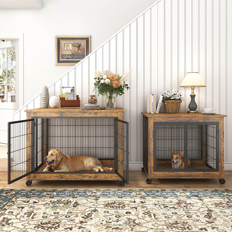 38" Rustic Brown Furniture-Style Dog Crate on Wheels