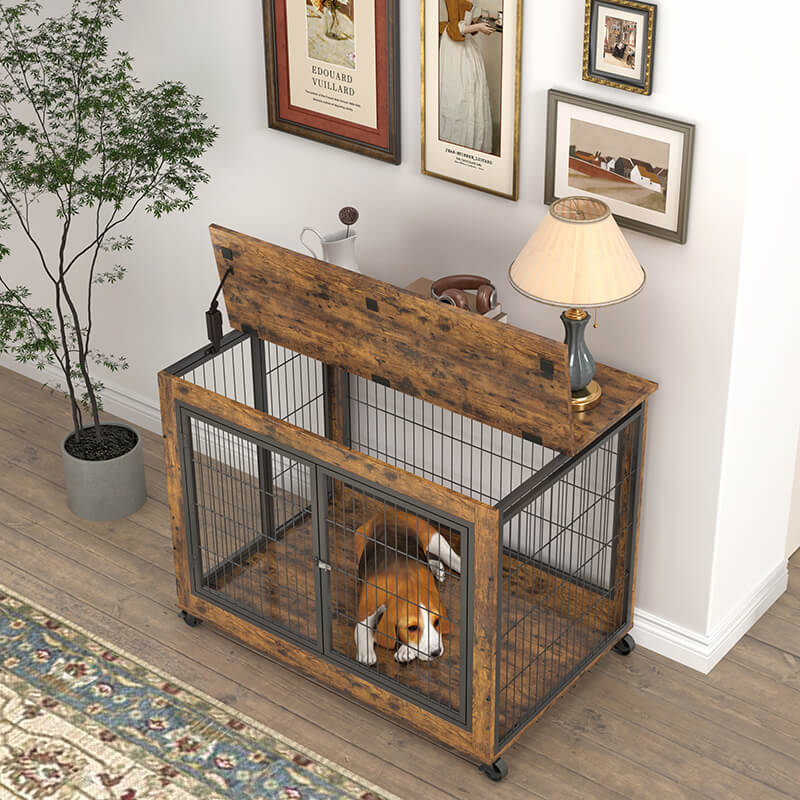 38" Rustic Brown Furniture-Style Dog Crate on Wheels