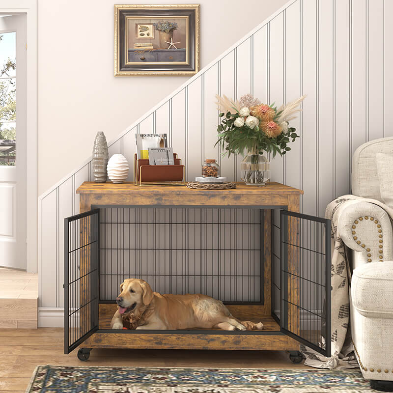 38" Rustic Brown Furniture-Style Dog Crate on Wheels with Double Doors and Lift Top