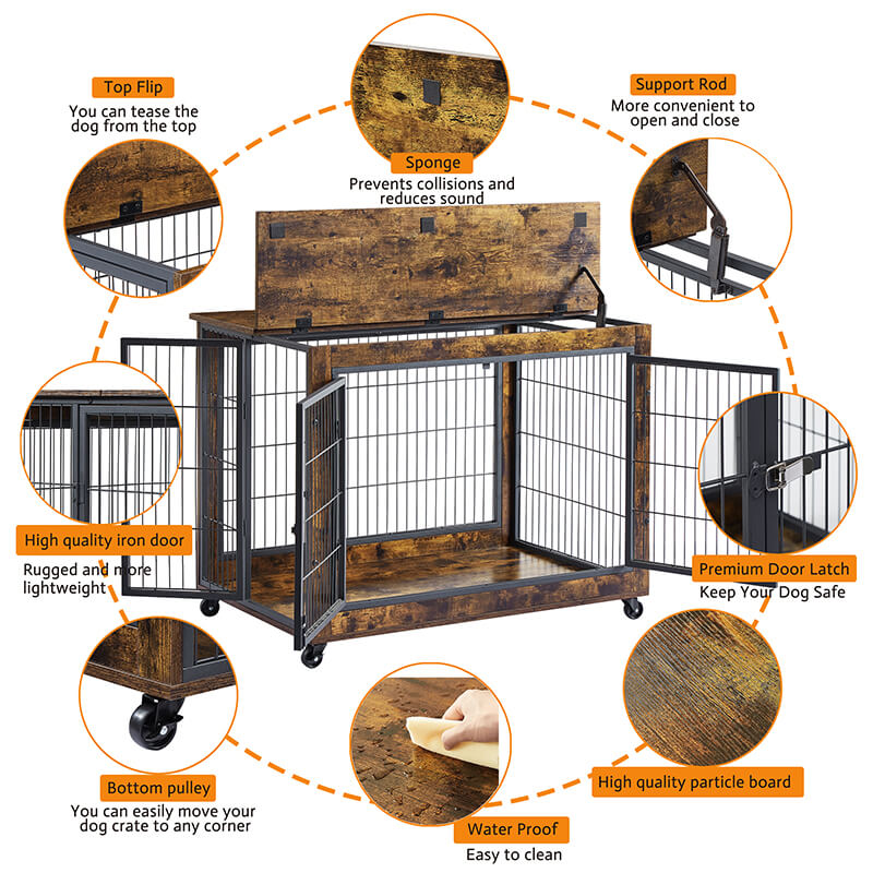 38" Rustic Brown Furniture-Style Dog Crate on Wheels