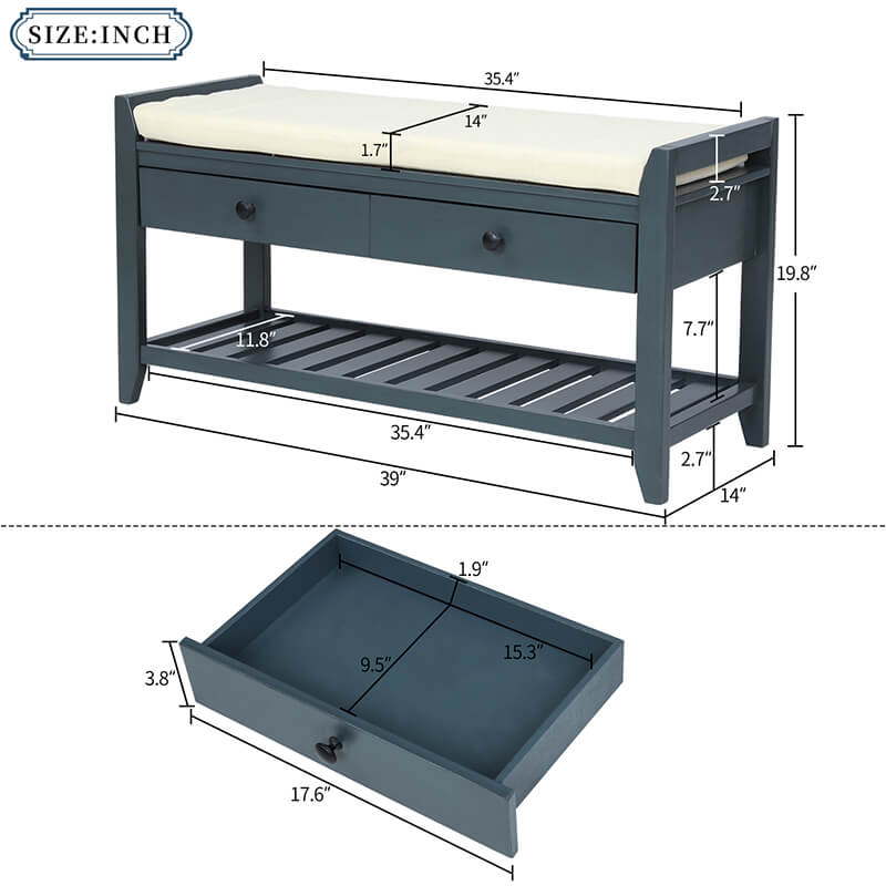 A dimension Image of the 39" Entryway Antique Navy Storage Bench Shoe Rack