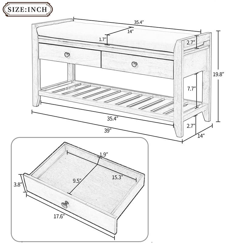 A Dimension Image of the 39" Entryway Espresso Storage Bench Shoe Rack