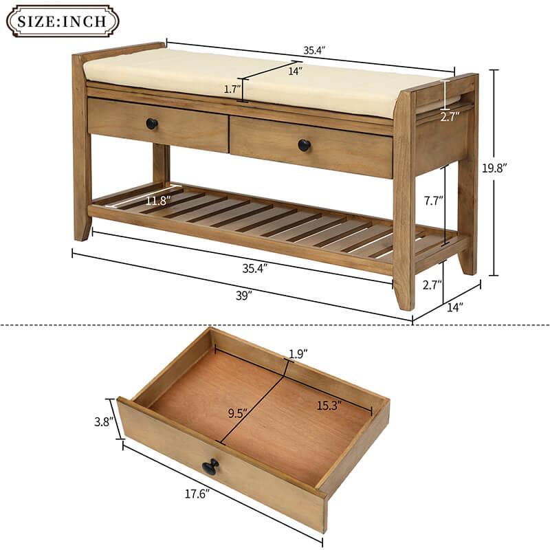 A dimension Image of the 39" Entryway Old Pine Storage Bench Shoe Rack