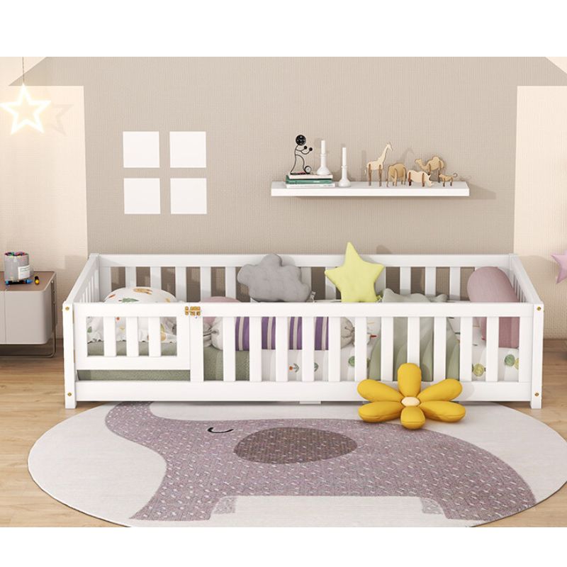 77.6" White Twin Size Bed Floor With Safety Guardrails For Kids