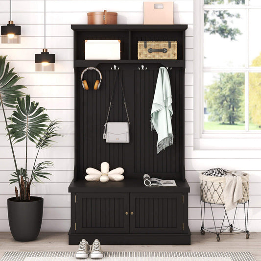 4-In-1 Black Entryway Storage Cabinet with Coat Hooks and Bench