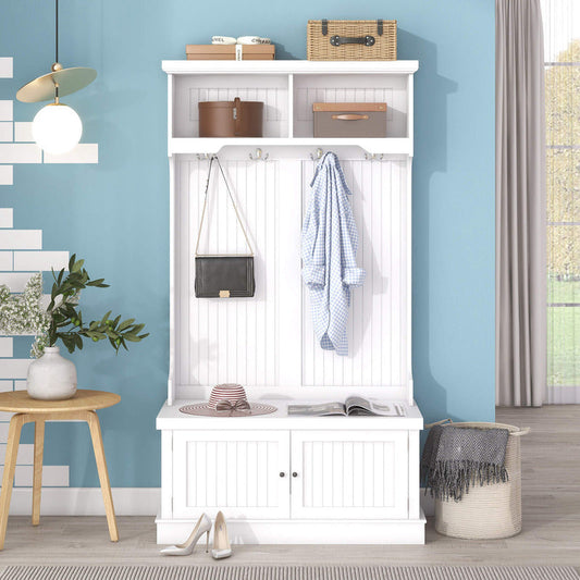 4-In-1 White Entryway Bench with Storage Cabinet and Coat Hooks