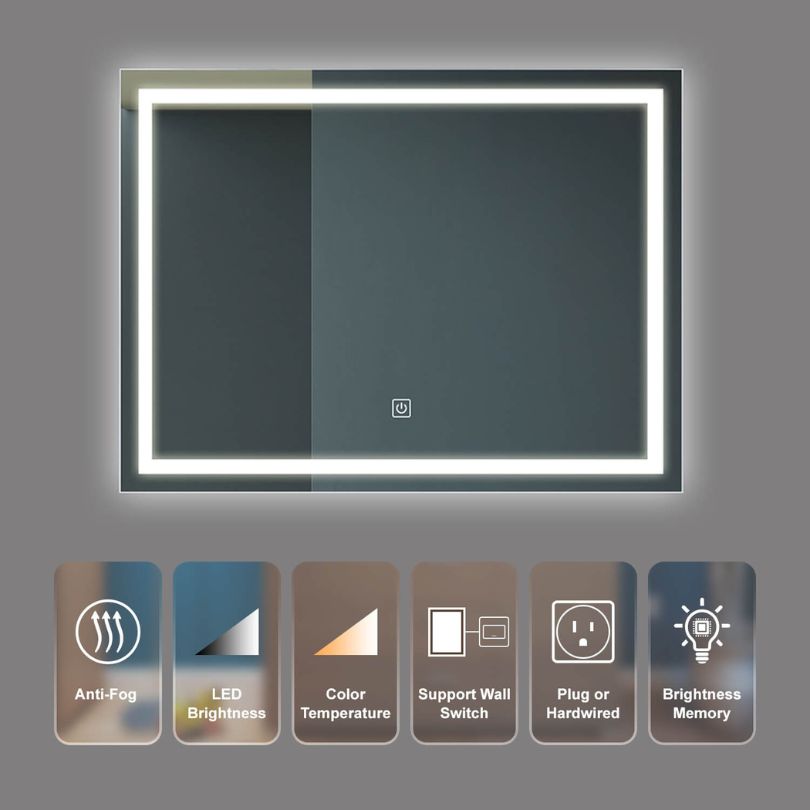 40" Large Silver Bathroom Mirror with Dimmable LED Light and Anti Fog