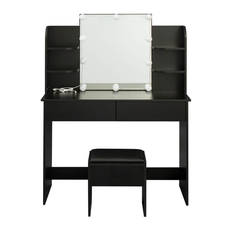 42" Modern Black Rectangular Dressing Table with 10-lamp Bulb and 2 Drawers