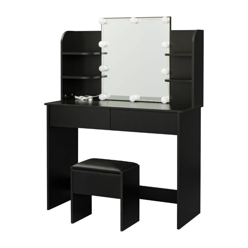 42" Modern Black Rectangular Dressing Table with 10-lamp Bulb and 2 Drawers