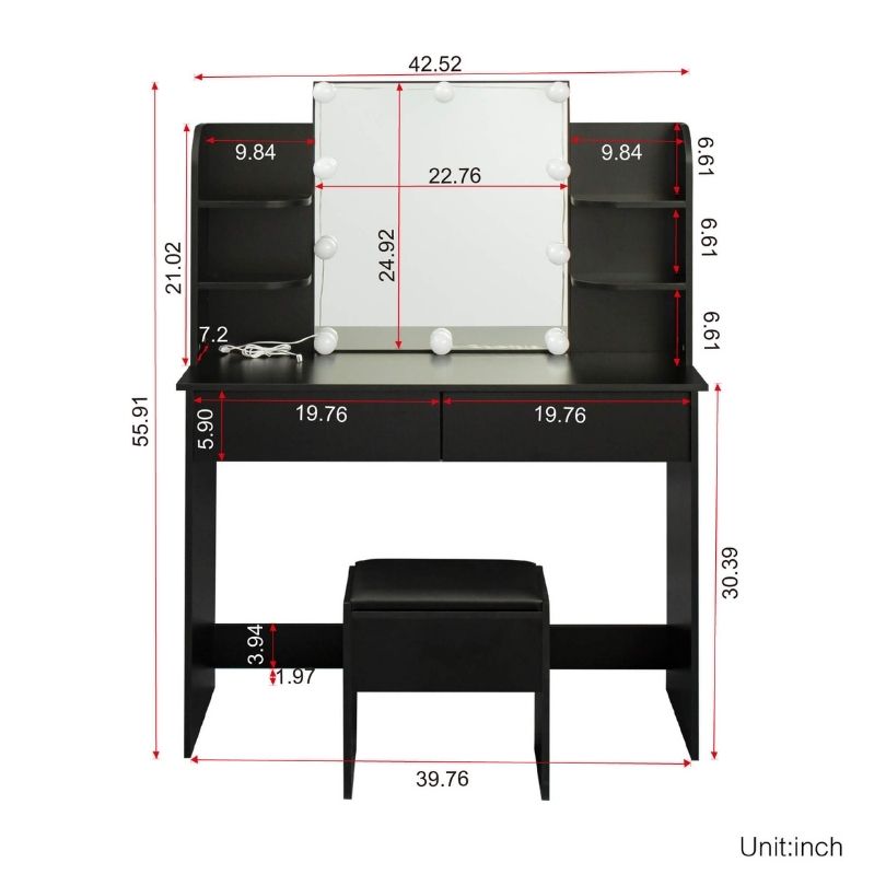 A dimension Image of our 42" Modern Black Rectangular Dressing Table with 10-lamp Bulb and 2 Drawers