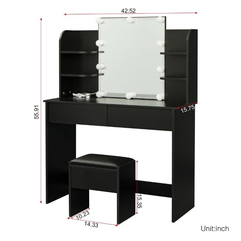 A dimension Image of our 42" Modern Black Rectangular Dressing Table with 10-lamp Bulb and 2 Drawers