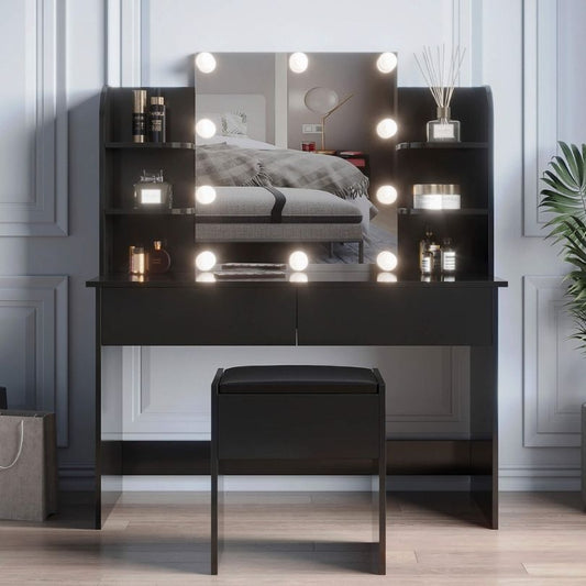 42" Modern Black Rectangular Dressing Table with 10-lamp Bulb and 2 Drawers