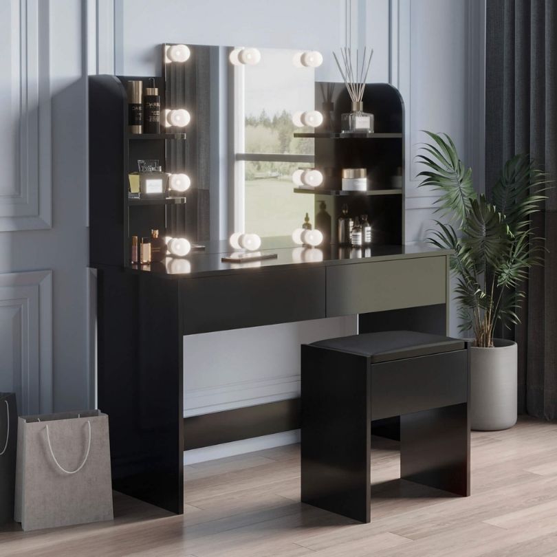 42" Modern Black Rectangular Dressing Table with 10-lamp Bulb and 2 Drawers