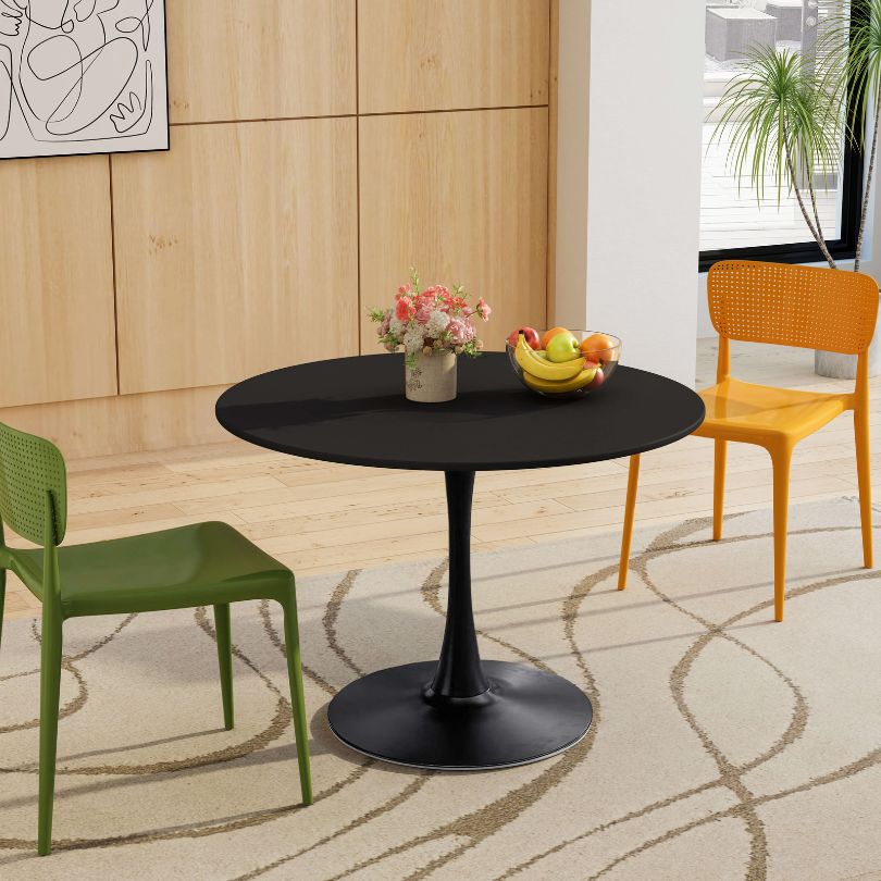 42" Modern Black Round Pedestal Dining Table with Metal Legs