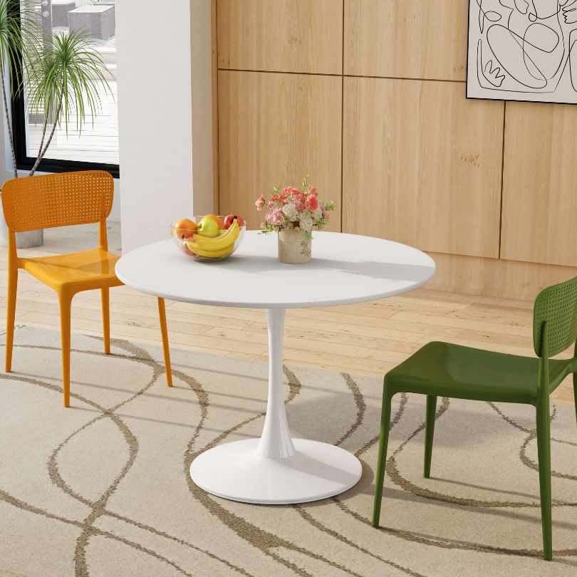 42" Modern White Round Pedestal Dining Table with Metal Legs