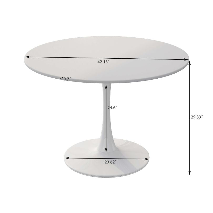 A dimension image of our 42" Modern White Round Pedestal Dining Table with Metal Legs