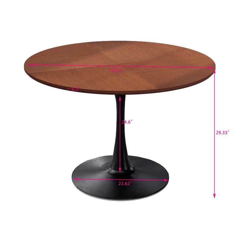 A dimension image of the 42" Round Oak Table-top Pedestal Dining Table with Black Metal Legs