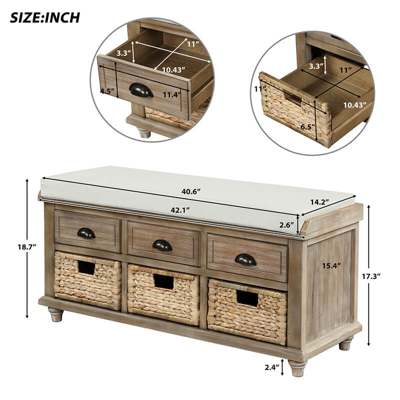 A dimension Image of the 42" Rustic White Washed 3-Drawers Storage Shoe Bench with Removable Cushion and 3 Rattan Baskets