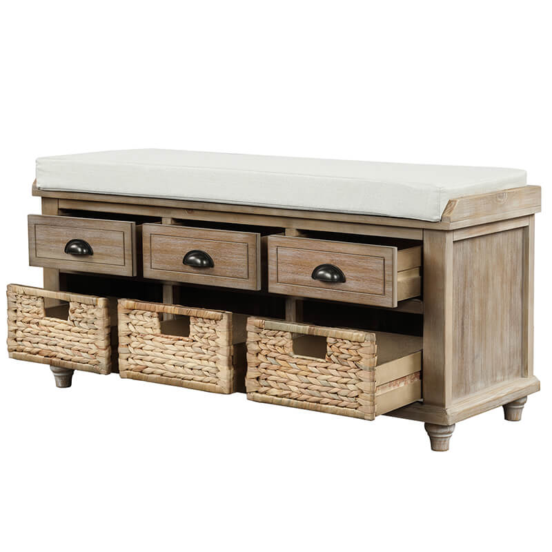 42" Rustic White Washed 3-Drawers Storage Shoe Bench with Removable Cushion and 3 Rattan Baskets