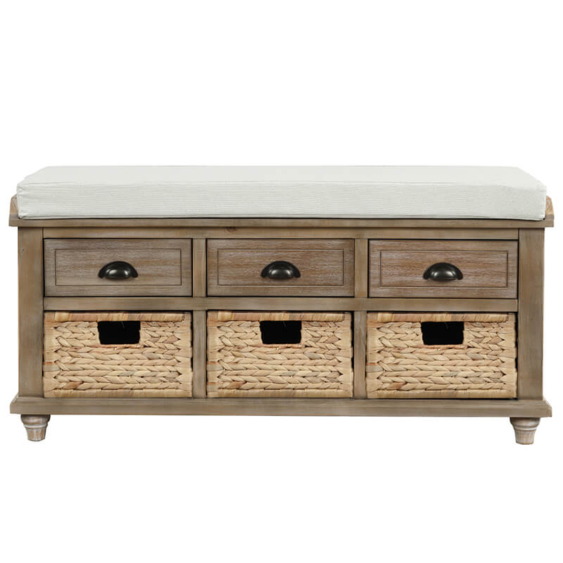 42" Rustic White Washed 3-Drawers Storage Shoe Bench with Removable Cushion and 3 Rattan Baskets