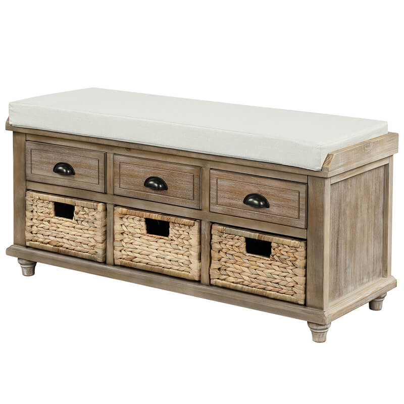 42" Rustic White Washed 3-Drawers Storage Shoe Bench with Removable Cushion and 3 Rattan Baskets