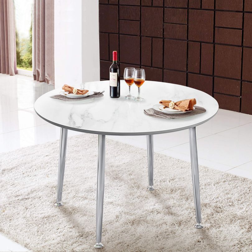 45" Modern Circular White Dining Table with Chrome-Plated Legs