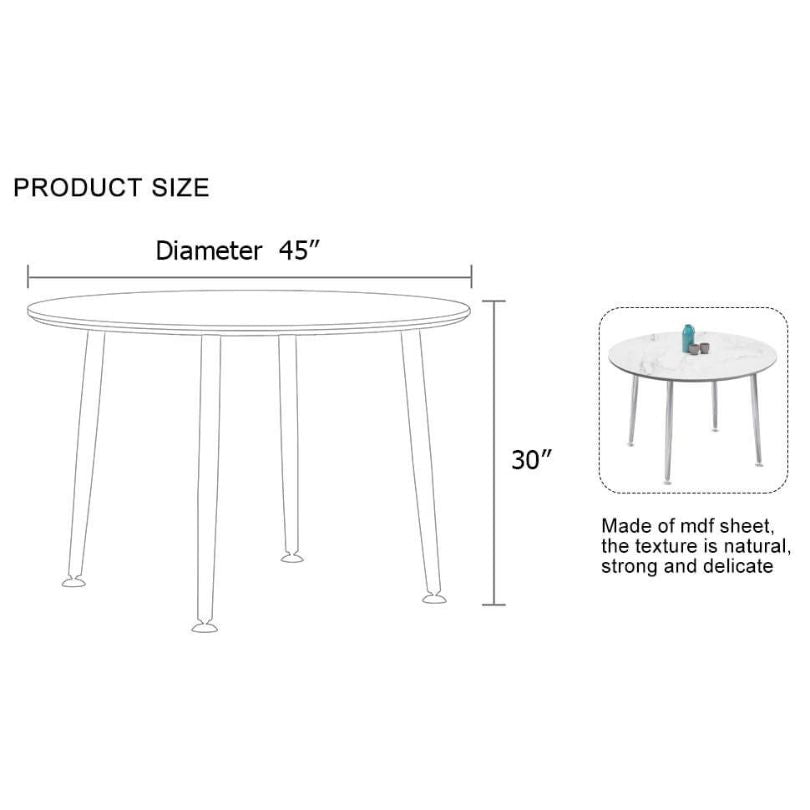 A dimension image of our 45" Modern Circular White Dining Table with Chrome-Plated Legs