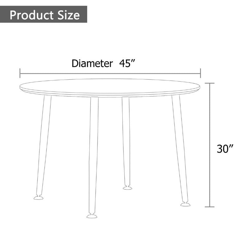 A dimension image of our 45" Modern Circular White Dining Table with Chrome-Plated Legs