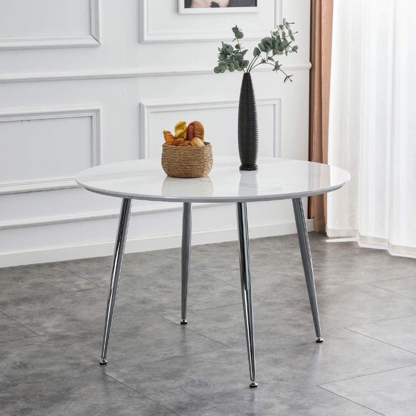 45" Modern Circular White Dining Table with Chrome-Plated Legs