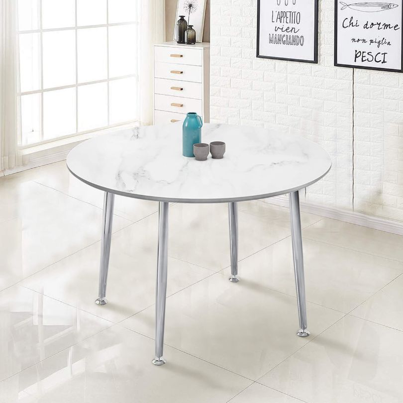 45" Modern Circular White Dining Table with Chrome-Plated Legs