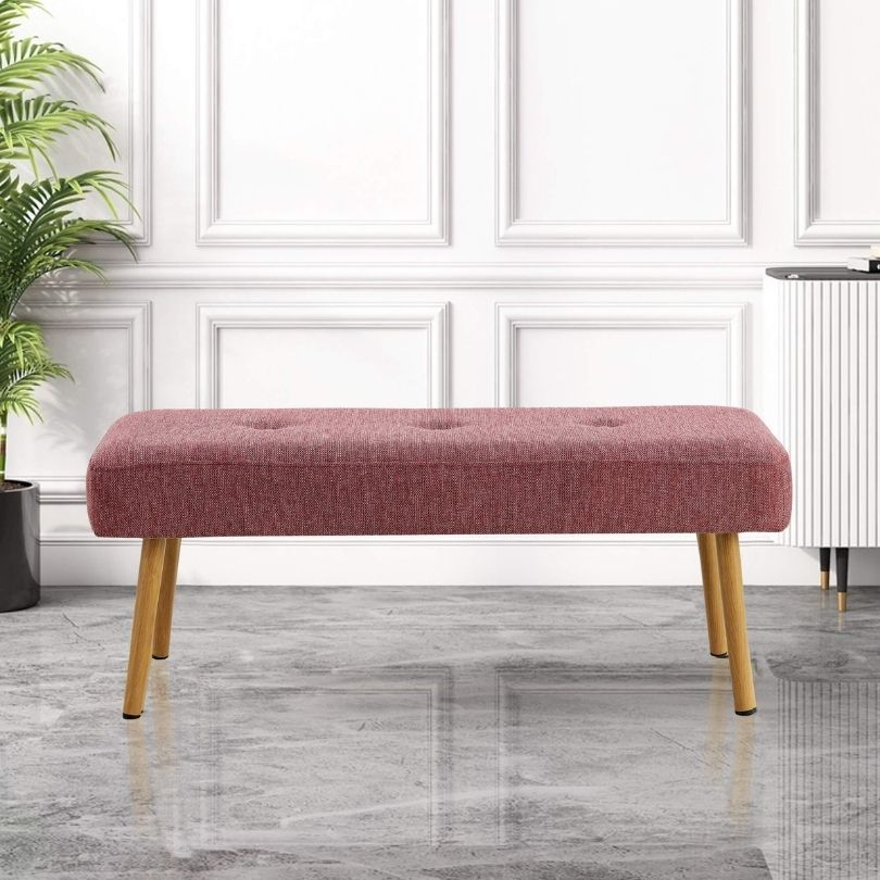 45" Modern Pink Linen Fabric Upholstered Bench With Metal Legs