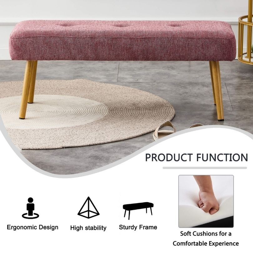 45" Modern Pink Linen Fabric Upholstered Bench With Metal Legs