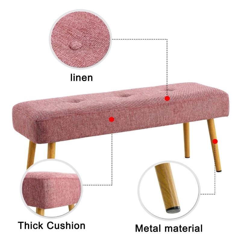 45" Modern Pink Linen Fabric Upholstered Bench With Metal Legs