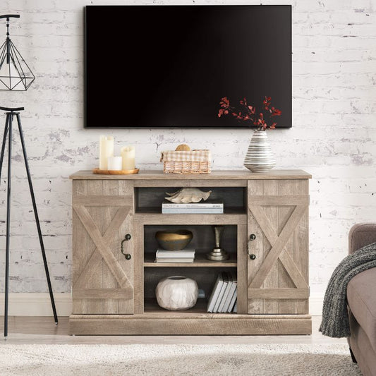 47" Farmhouse Antique Light Gray Wooden TV Stand with Open and Closed Storage Cabinets