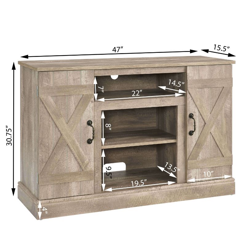 AA dimension image of our 47" Farmhouse Antique Light Gray Wooden TV Stand with Open and Closed Storage Cabinets