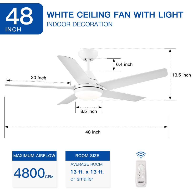 A dimension Image of our 48" Modern White Integrated LED 5 Reversible Blade Ceiling fan with Remote Control