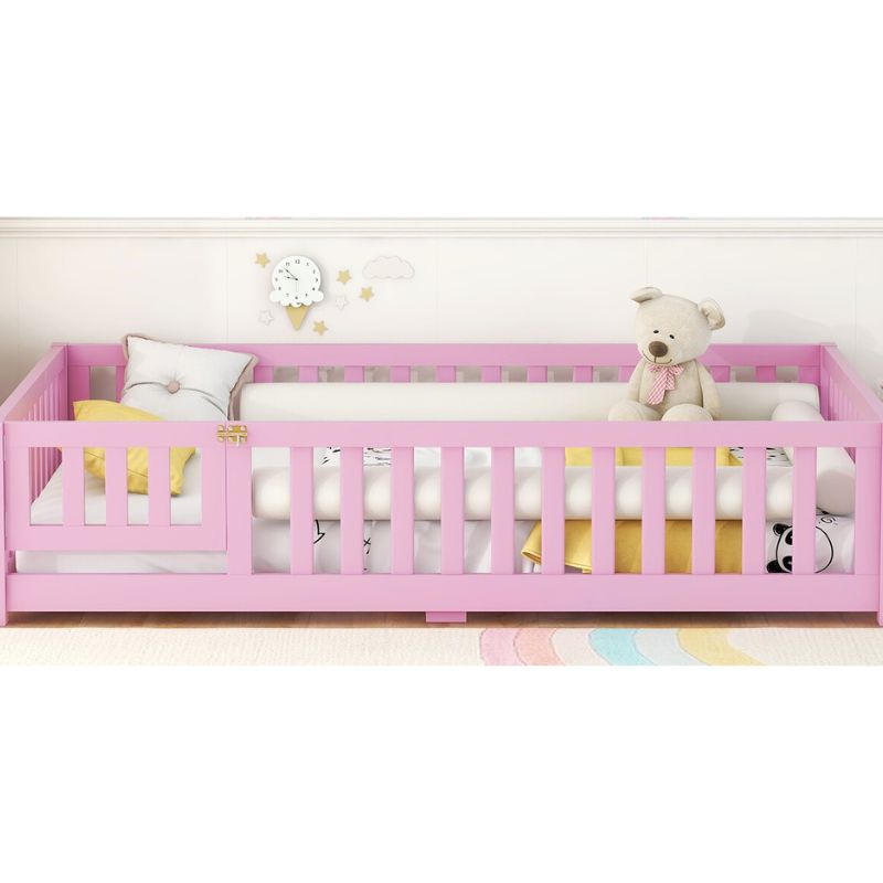 77.6" Pink Full Size Bed Floor With Safety Guardrails For Kids