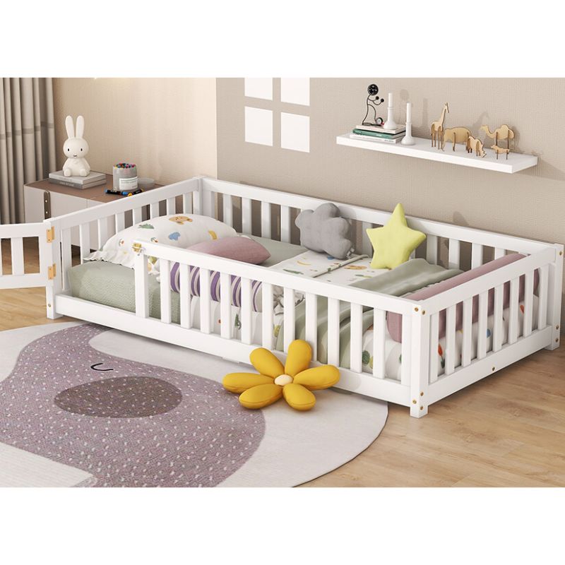 77.6" White Twin Size Bed Floor With Safety Guardrails For Kids