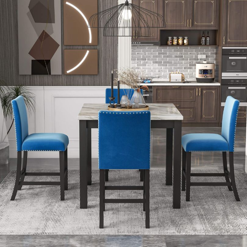 5-Piece Counter Height Dining Table Set - 40" Dining Table and 4 Blue Dining Chairs