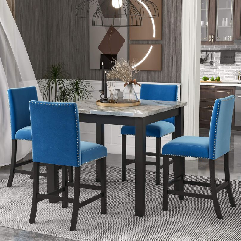 5-Piece Counter Height Dining Table Set - 40" Dining Table and 4 Blue Dining Chairs