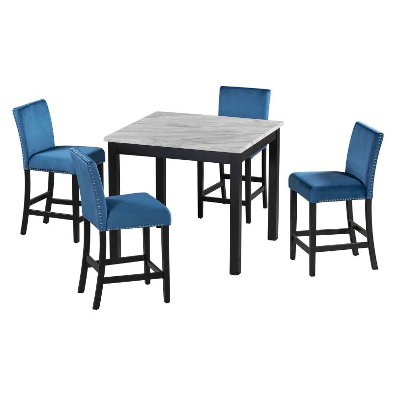 5-Piece Counter Height Dining Table Set - 40" Dining Table and 4 Blue Dining Chairs