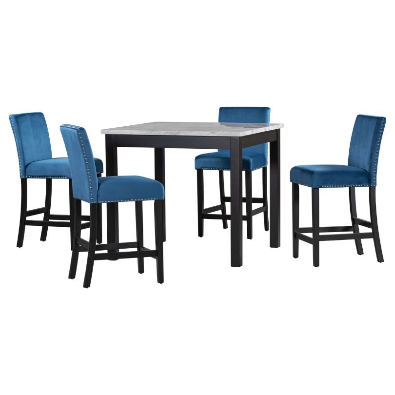 5-Piece Counter Height Dining Table Set - 40" Dining Table and 4 Blue Dining Chairs